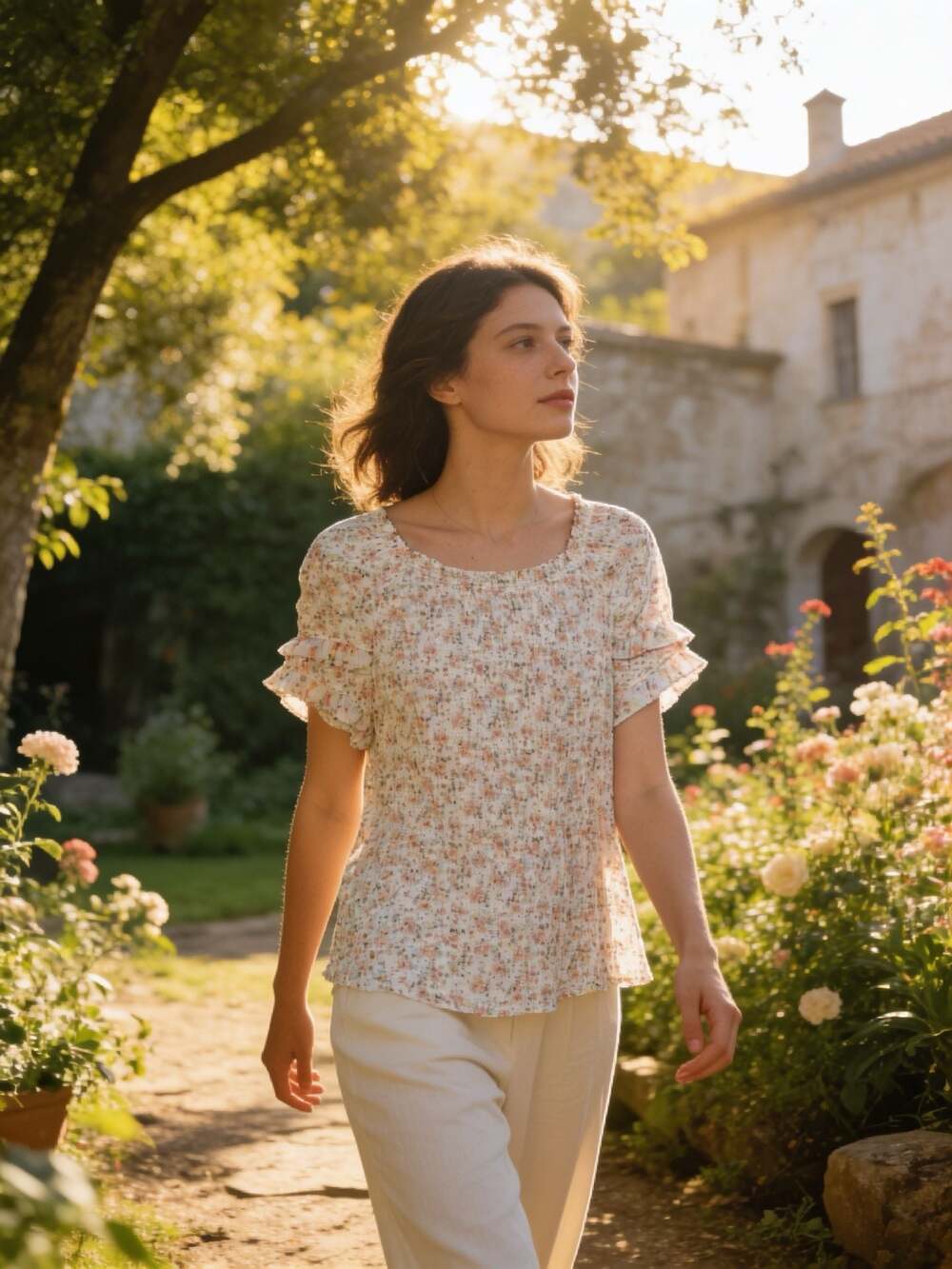 Zac & Rachel Ivory Floral Smocked Top with Ruffled Sleeves and Tie Neckline